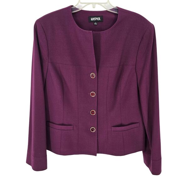 VTG  Kasper Plum Purple Button Front Collarless Blazer Jacket 14 Old Money - Picture 1 of 8